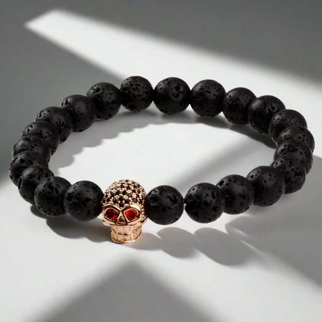 INTERNO SKULL -  Natural Beads Bracelet - Rose Gold Toned Skull with Red Stone in Eyes  (7inch) - THE MEN THING