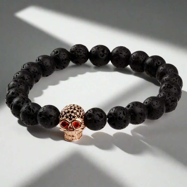 INTERNO SKULL -  Natural Beads Bracelet - Rose Gold Toned Skull with Red Stone in Eyes  (7inch)