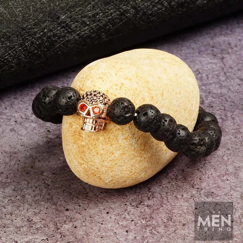INTERNO SKULL -  Natural Beads Bracelet - Rose Gold Toned Skull with Red Stone in Eyes  (7inch) - THE MEN THING