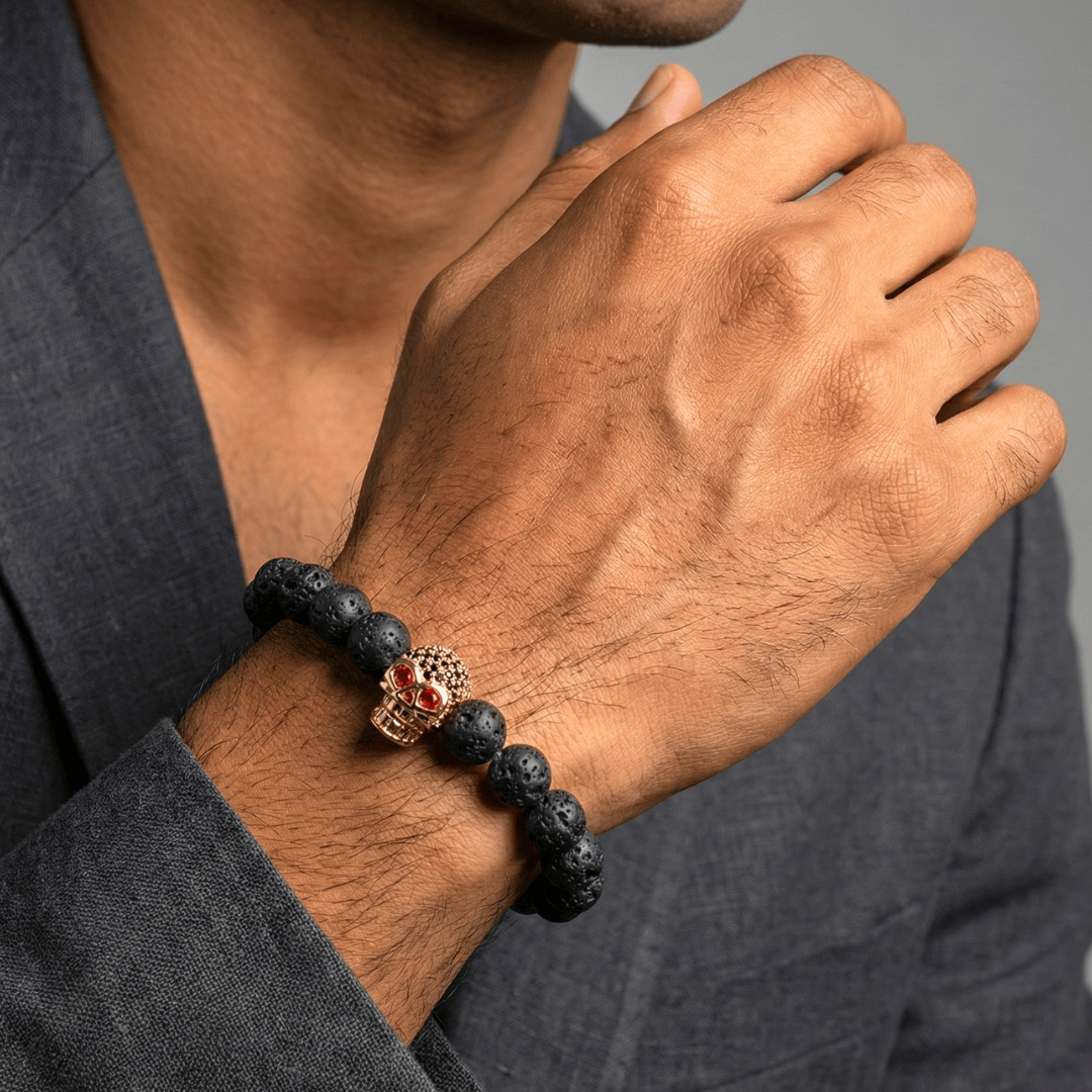 INTERNO SKULL -  Natural Beads Bracelet - Rose Gold Toned Skull with Red Stone in Eyes  (7inch) - THE MEN THING