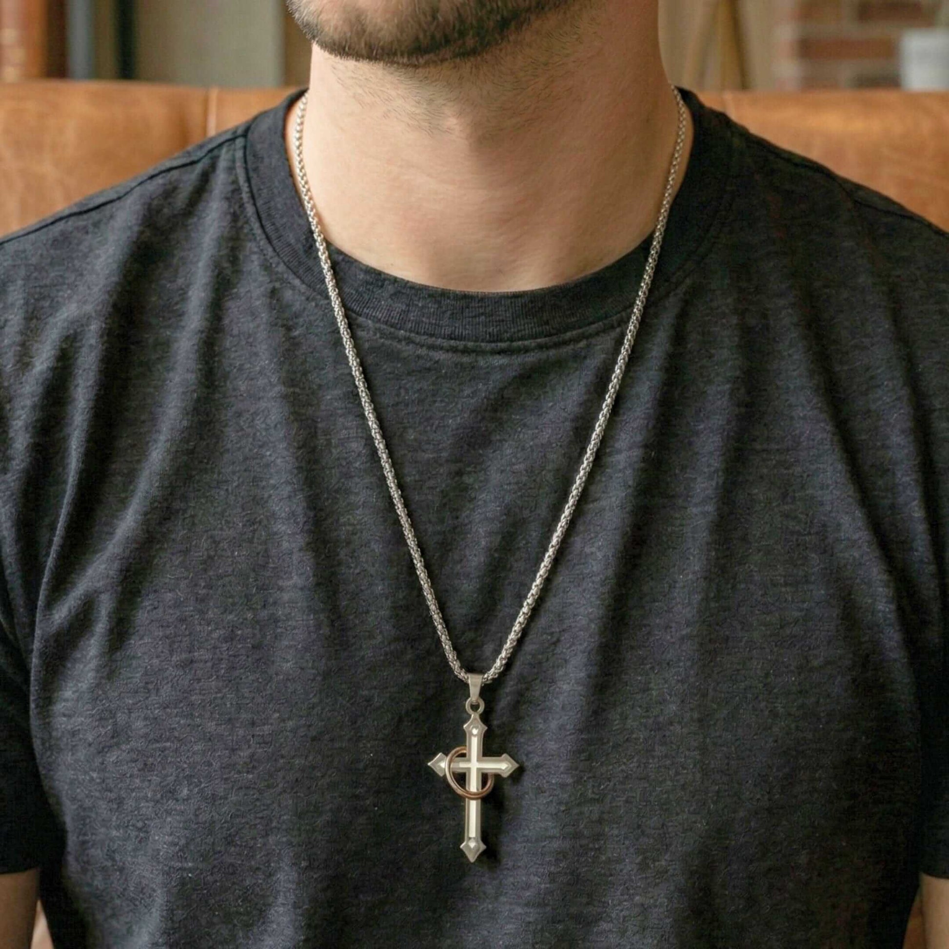 INTERWOVEN CROSS - 27mm Pure Titanium Steel Pendant with 24inch Round Box 4mm Chain for Men & Boys — SS Pendant/ Necklace for Men | THE MEN THING