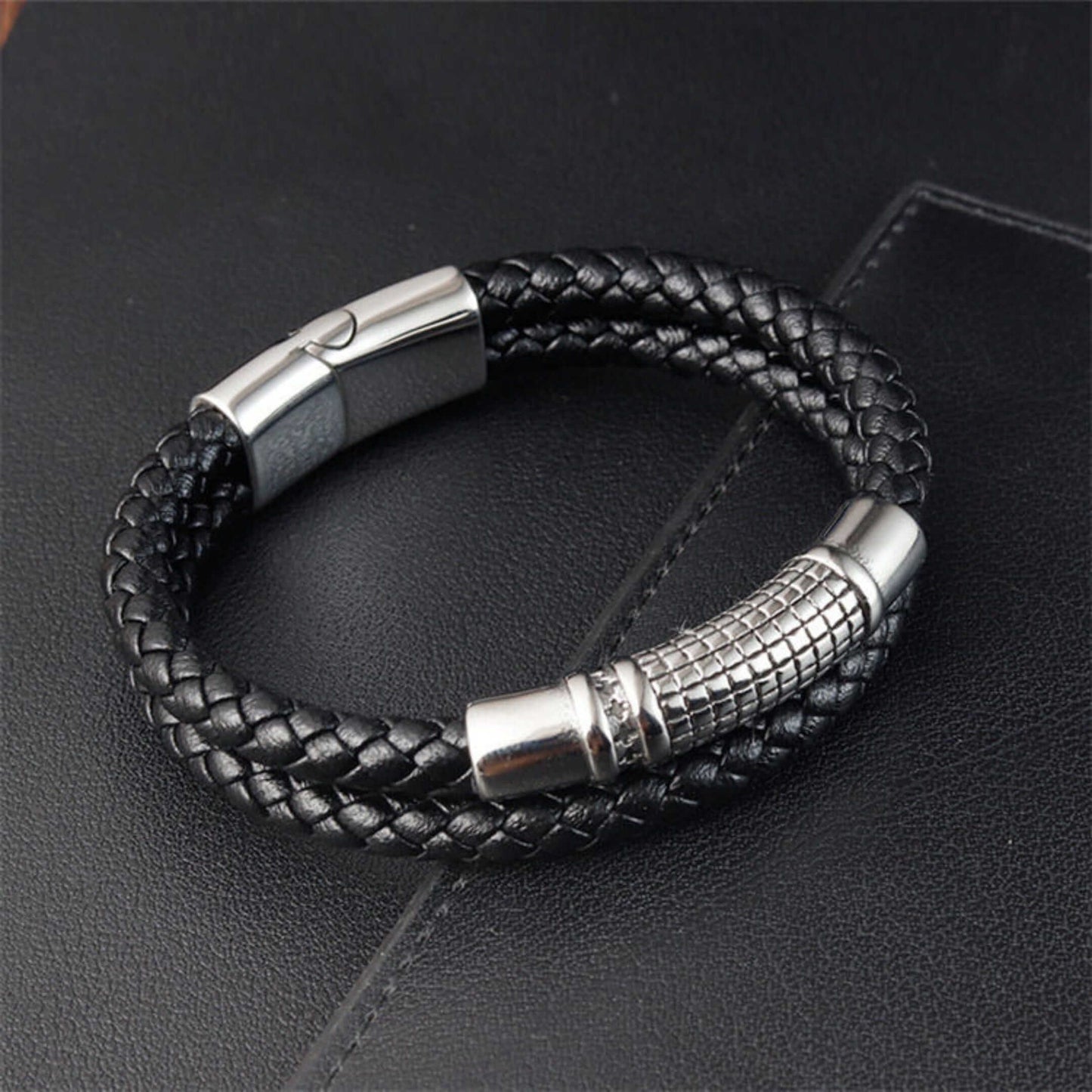 IRONGRID CURVE - Black 16mm Genuine Leather Bracelet with Stainless Steel Magnetic Buckle for Men & Boys (8 inch) — Leather Bracelet for Men | THE MEN THING