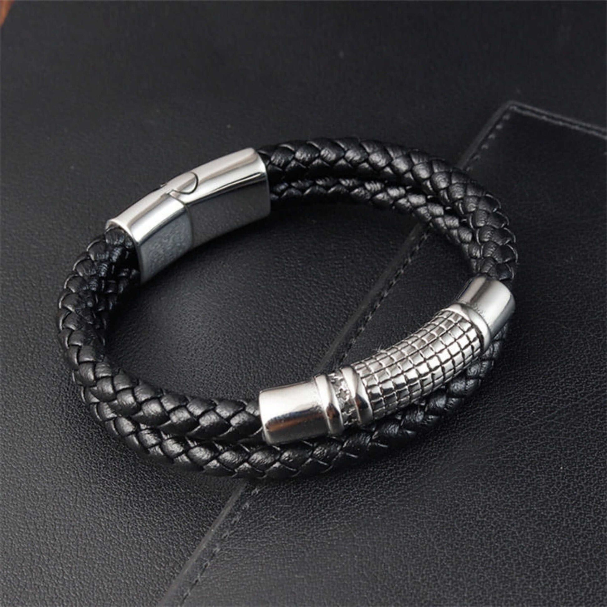 IRONGRID CURVE - Black 16mm Genuine Leather Bracelet with Stainless Steel Magnetic Buckle for Men & Boys (8 inch) — Leather Bracelet for Men | THE MEN THING