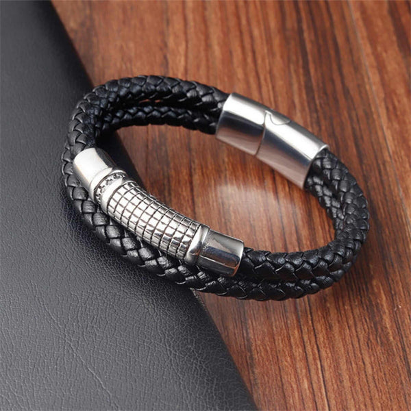IRONGRID CURVE - Black 16mm Genuine Leather Bracelet with Stainless Steel Magnetic Buckle for Men & Boys (8 inch)