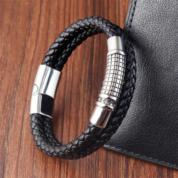 IRONGRID CURVE - Black 16mm Genuine Leather Bracelet with Stainless Steel Magnetic Buckle for Men & Boys (8 inch)