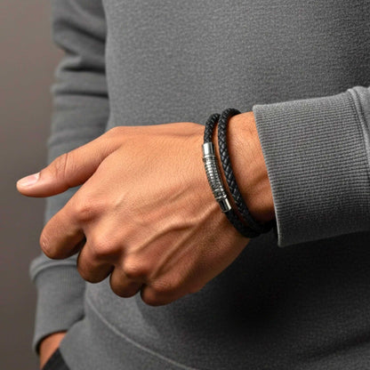 IRONGRID CURVE - Black 16mm Genuine Leather Bracelet with Stainless Steel Magnetic Buckle for Men & Boys (8 inch) — Leather Bracelet for Men | THE MEN THING