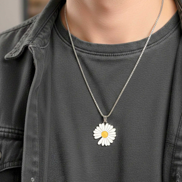 IVORY BLOOM DAISY - 35mm Pure Titanium Steel Pendant with 23inch Round Box 4mm Chain for Men & Boys