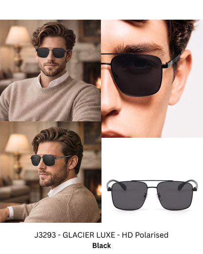 J3293 - GLACIER LUXE - HD Polarised Sunglasses for Men - UV400 Protection, Stainless Steel Frame - Black Lenses - THE MEN THING