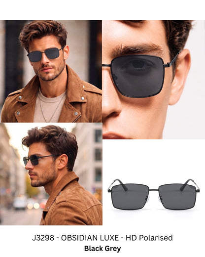 J3298 - OBSIDIAN LUXE - HD Polarised Sunglasses for Men - UV400 Protection, Stainless Steel Frame - Black Grey Lenses - THE MEN THING