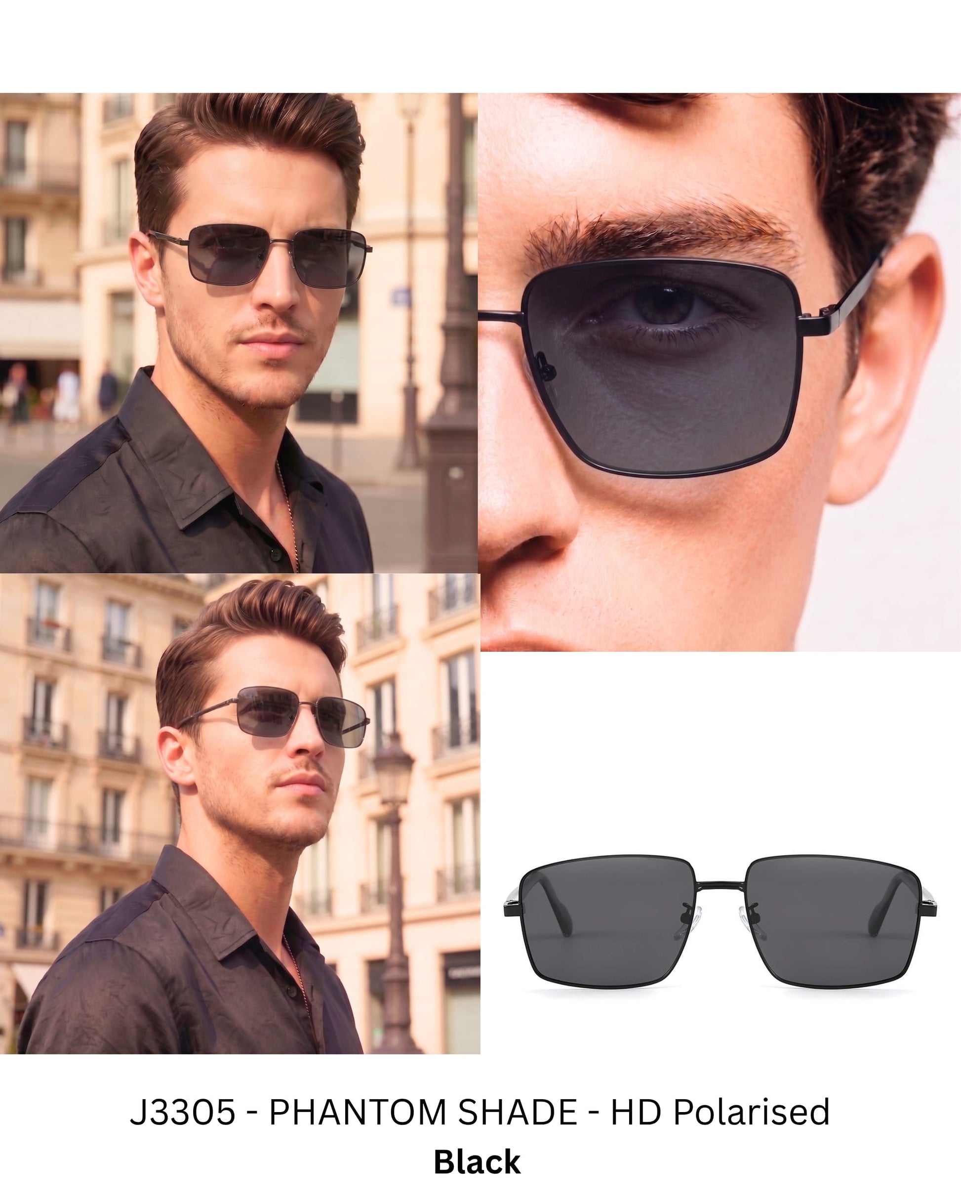 J3305 - PHANTOM SHADE - HD Polarised Sunglasses for Men - UV400 Protection, Stainless Steel Frame - Black Lenses - THE MEN THING