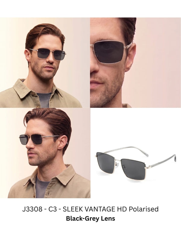 J3308 - SLEEK VANTAGE- HD Polarised Sunglasses for Men - UV400 Protection, Stainless Steel Frame - Black-Grey Lens