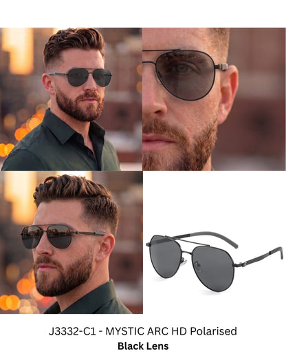 J3332 - MYSTIC ARC - HD Polarised Sunglasses for Men - UV400 Protection, Stainless Steel Frame - Black Lens - THE MEN THING