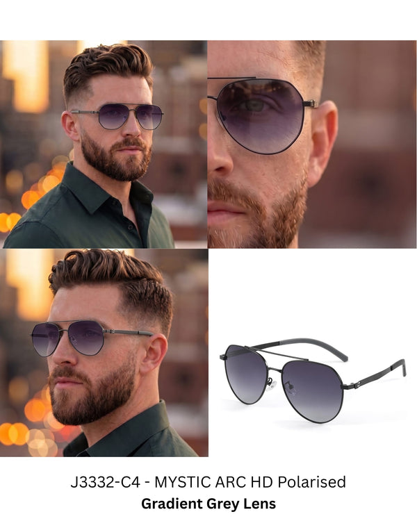 J3332 - MYSTIC ARC - HD Polarised Sunglasses for Men - UV400 Protection, Stainless Steel Frame - Gradient Grey Lens