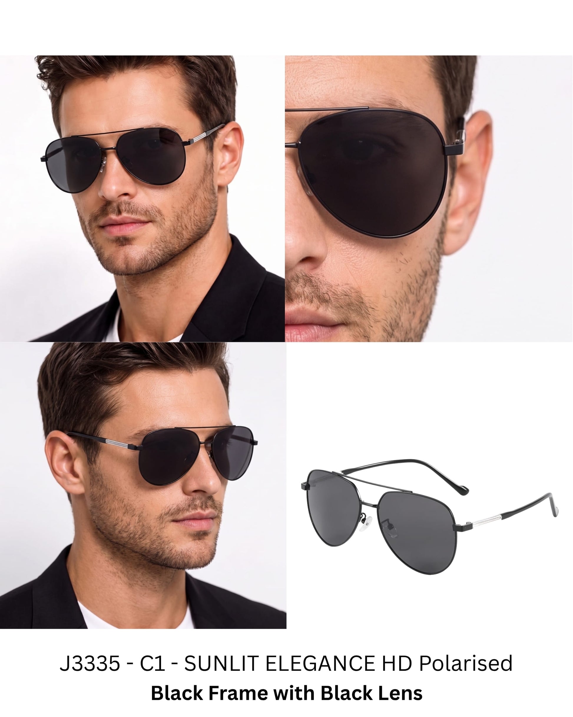 J3335 - SUNLIT ELEGANCE - HD Polarised Sunglasses for Men - UV400 Protection, Stainless Steel Frame - Black Frame with Black Lens - THE MEN THING