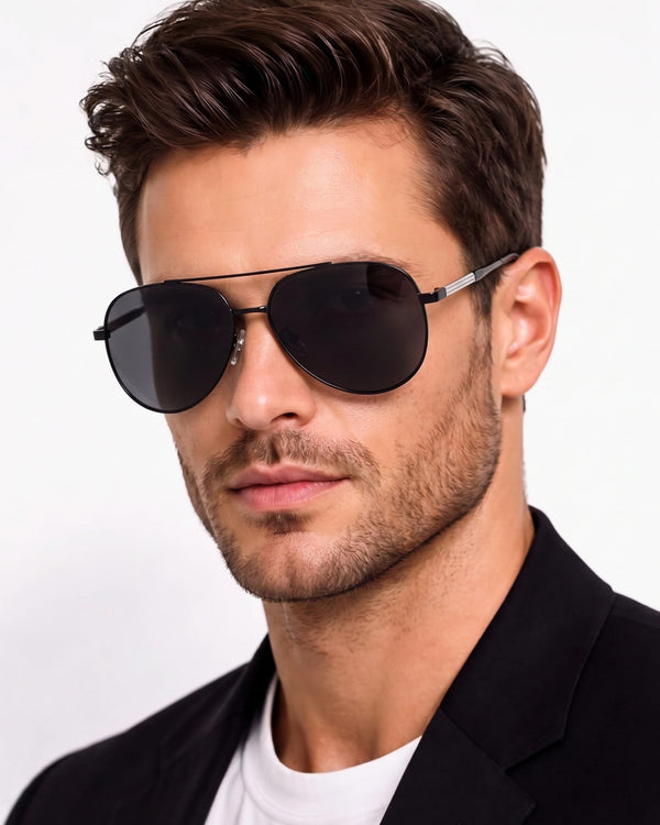 J3335 - SUNLIT ELEGANCE - HD Polarised Sunglasses for Men - UV400 Protection, Stainless Steel Frame - Black Frame with Black Lens