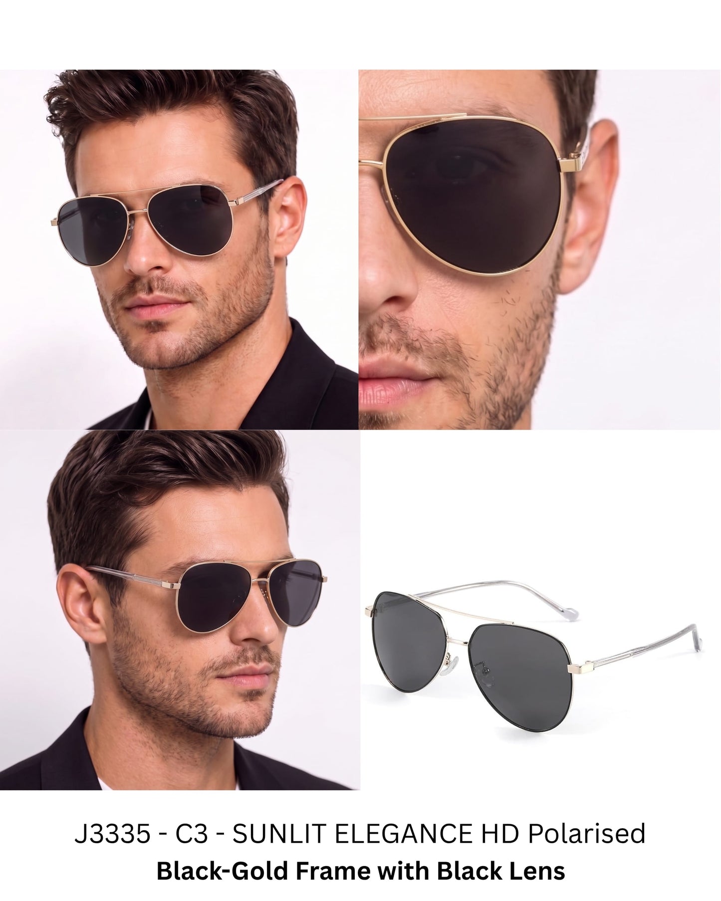 J3335 - SUNLIT ELEGANCE - HD Polarised Sunglasses for Men - UV400 Protection, Stainless Steel Frame - Black-Gold Frame with Black Lens - THE MEN THING