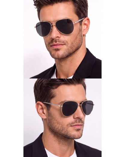 J3335 - SUNLIT ELEGANCE - HD Polarised Sunglasses for Men - UV400 Protection, Stainless Steel Frame - Black-Gold Frame with Black Lens - THE MEN THING