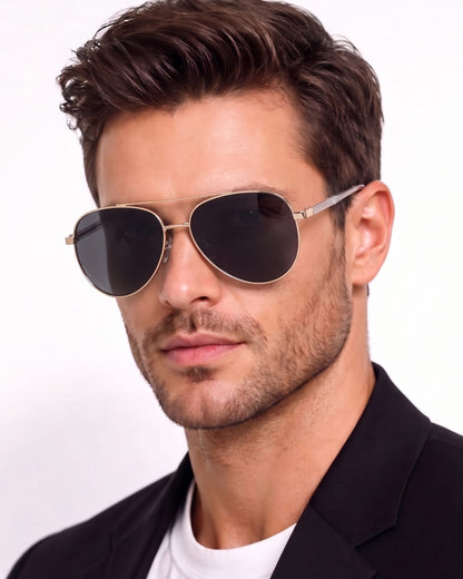 J3335 - SUNLIT ELEGANCE - HD Polarised Sunglasses for Men - UV400 Protection, Stainless Steel Frame - Black-Gold Frame with Black Lens - THE MEN THING