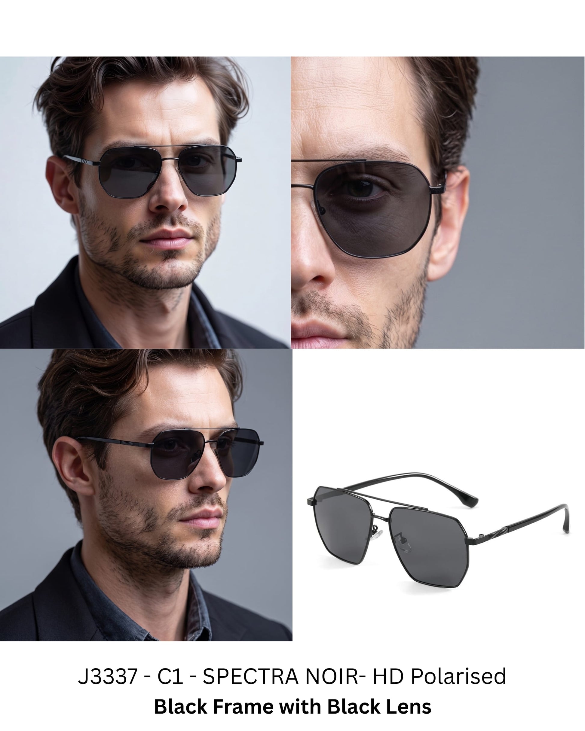 J3337- SPECTRA NOIR- HD Polarised Sunglasses for Men - UV400 Protection, Stainless Steel Frame - Black Frame with Black Lens - THE MEN THING