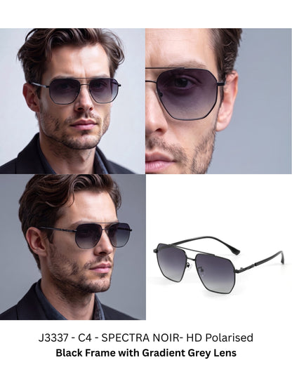 J3337- SPECTRA NOIR- HD Polarised Sunglasses for Men - UV400 Protection, Stainless Steel Frame - Black Frame with Gradient Grey Lens - THE MEN THING