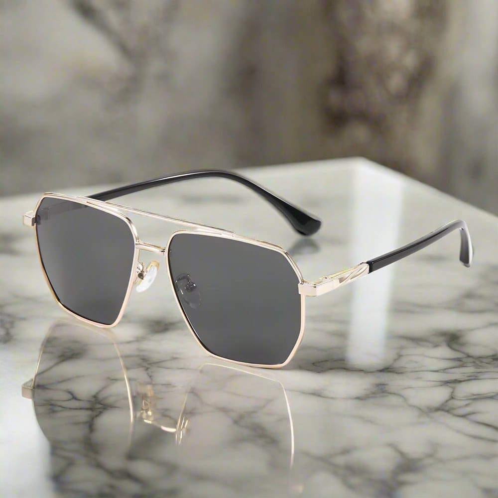 J3337- SPECTRA NOIR- HD Polarised Sunglasses for Men - UV400 Protection, Stainless Steel Frame - Light Gold Frame with Black Lens - THE MEN THING