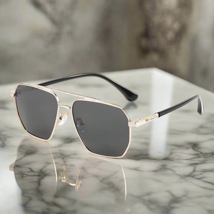 J3337- SPECTRA NOIR- HD Polarised Sunglasses for Men - UV400 Protection, Stainless Steel Frame - Light Gold Frame with Black Lens - THE MEN THING