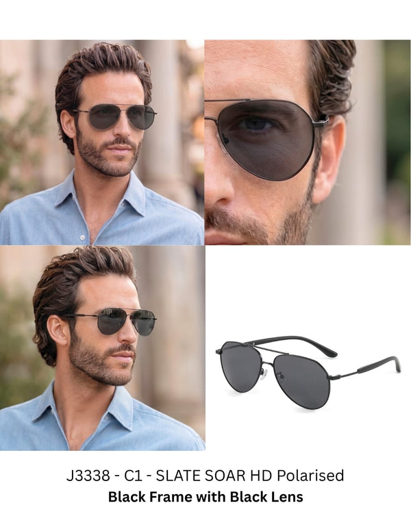 J3338 - SLATE SOAR - HD Polarised Sunglasses for Men - UV400 Protection, Stainless Steel Frame - Black Frame with Black Lens