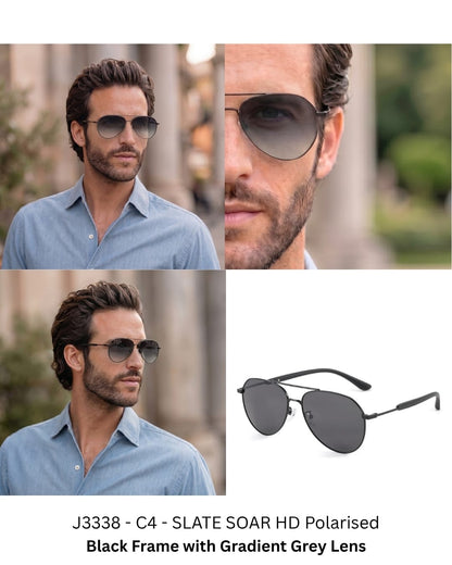 J3338 - SLATE SOAR - HD Polarised Sunglasses for Men - UV400 Protection, Stainless Steel Frame - Black Frame with Gradient Grey Lens - THE MEN THING