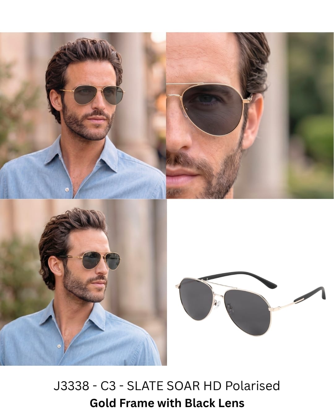 J3338 - SLATE SOAR - HD Polarised Sunglasses for Men - UV400 Protection, Stainless Steel Frame - Gold Frame with Black Lens - THE MEN THING
