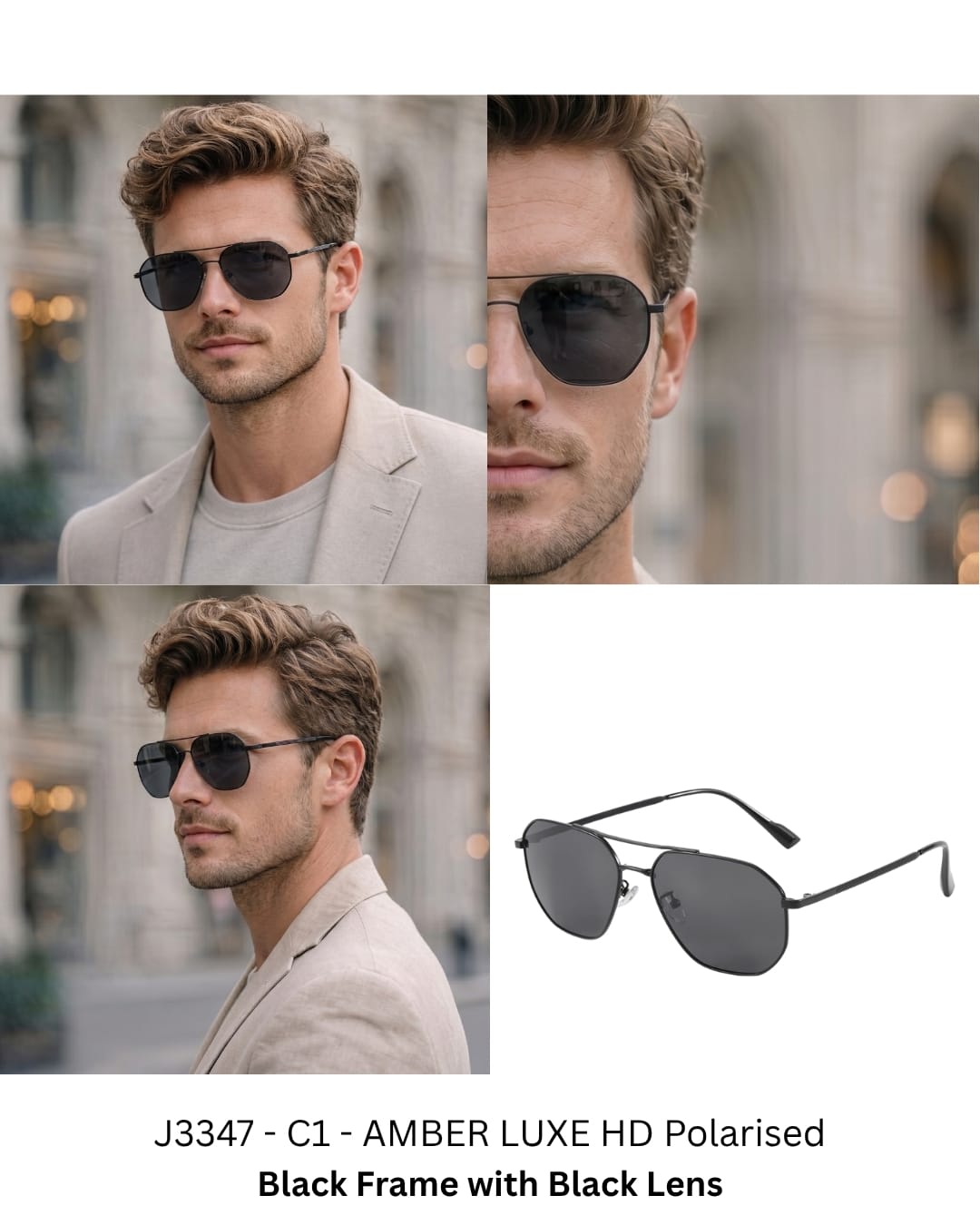 J3347 - AMBER LUXE - HD Polarised Sunglasses for Men - UV400 Protection, Stainless Steel Frame - Black Frame with Black Lens - THE MEN THING