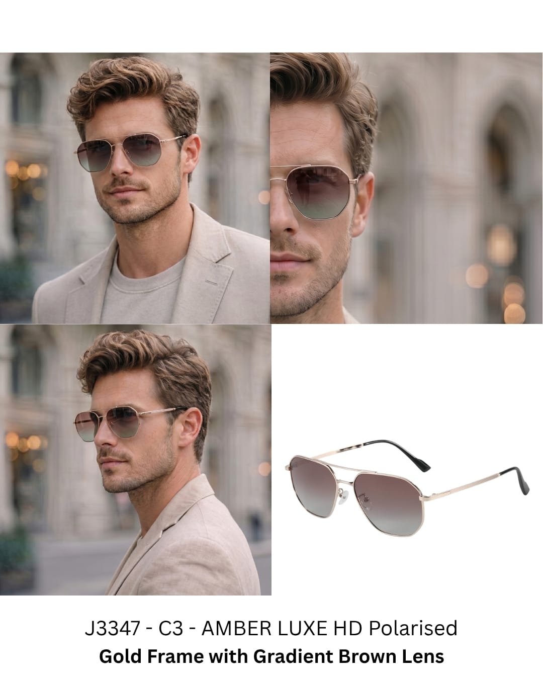 J3347 - AMBER LUXE - HD Polarised Sunglasses for Men - UV400 Protection, Stainless Steel Frame - Gold Frame with Gradient Brown Lens - THE MEN THING
