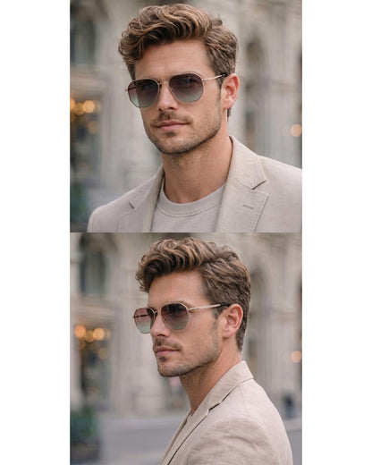 J3347 - AMBER LUXE - HD Polarised Sunglasses for Men - UV400 Protection, Stainless Steel Frame - Gold Frame with Gradient Brown Lens - THE MEN THING