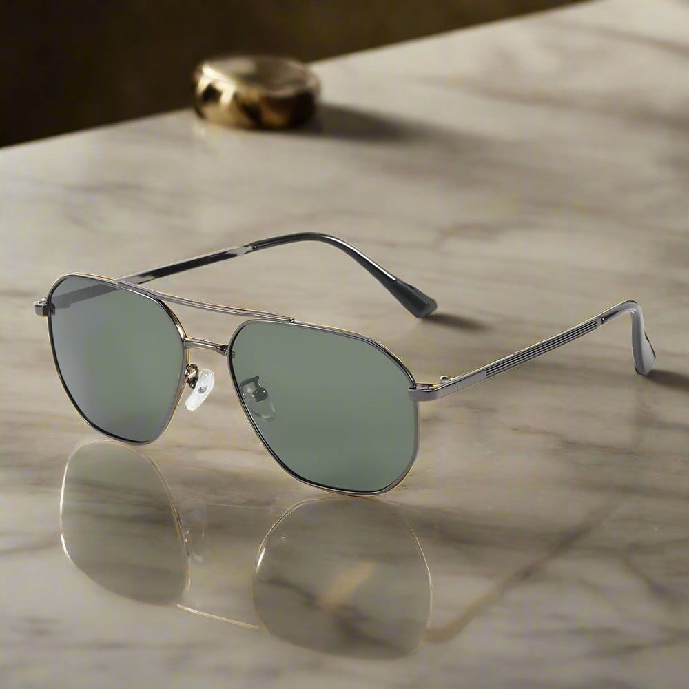 J3347 - AMBER LUXE - HD Polarised Sunglasses for Men - UV400 Protection, Stainless Steel Frame - Gunmetal Frame with Green Lens - THE MEN THING