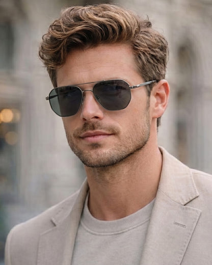 J3347 - AMBER LUXE - HD Polarised Sunglasses for Men - UV400 Protection, Stainless Steel Frame - Gunmetal Frame with Green Lens - THE MEN THING