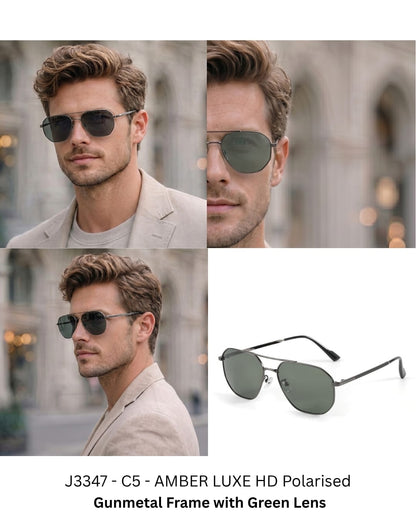 J3347 - AMBER LUXE - HD Polarised Sunglasses for Men - UV400 Protection, Stainless Steel Frame - Gunmetal Frame with Green Lens - THE MEN THING