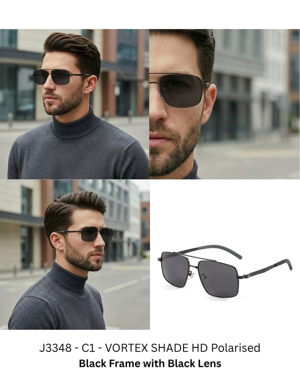 J3348 - VORTEX SHADE - HD Polarised Sunglasses for Men - UV400 Protection, Stainless Steel Frame - Black Frame with Black Lens