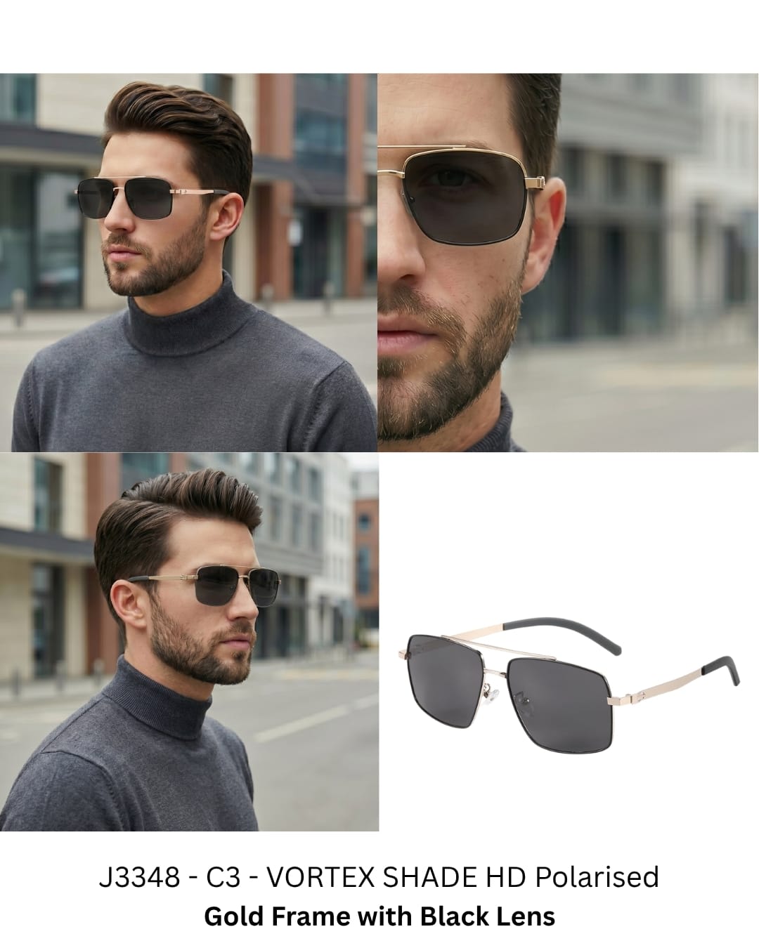 J3348 - VORTEX SHADE - HD Polarised Sunglasses for Men - UV400 Protection, Stainless Steel Frame - Gold Frame with Black Lens - THE MEN THING