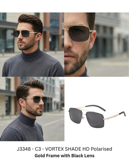 J3348 - VORTEX SHADE - HD Polarised Sunglasses for Men - UV400 Protection, Stainless Steel Frame - Gold Frame with Black Lens - THE MEN THING
