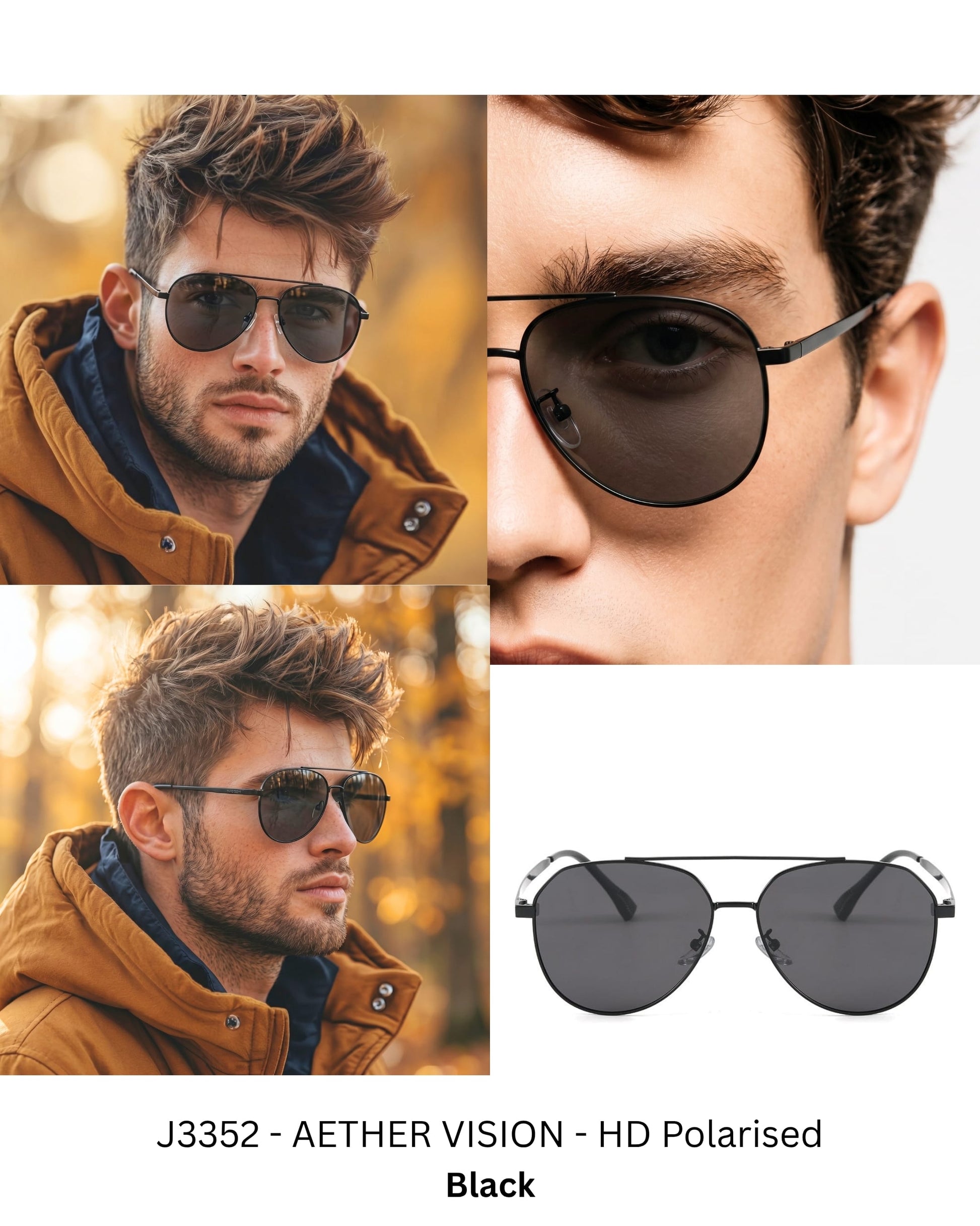 J3352 - AETHER VISION - HD Polarised Sunglasses for Men - UV400 Protection, Stainless Steel Frame - Black Frame with Black Lens - THE MEN THING