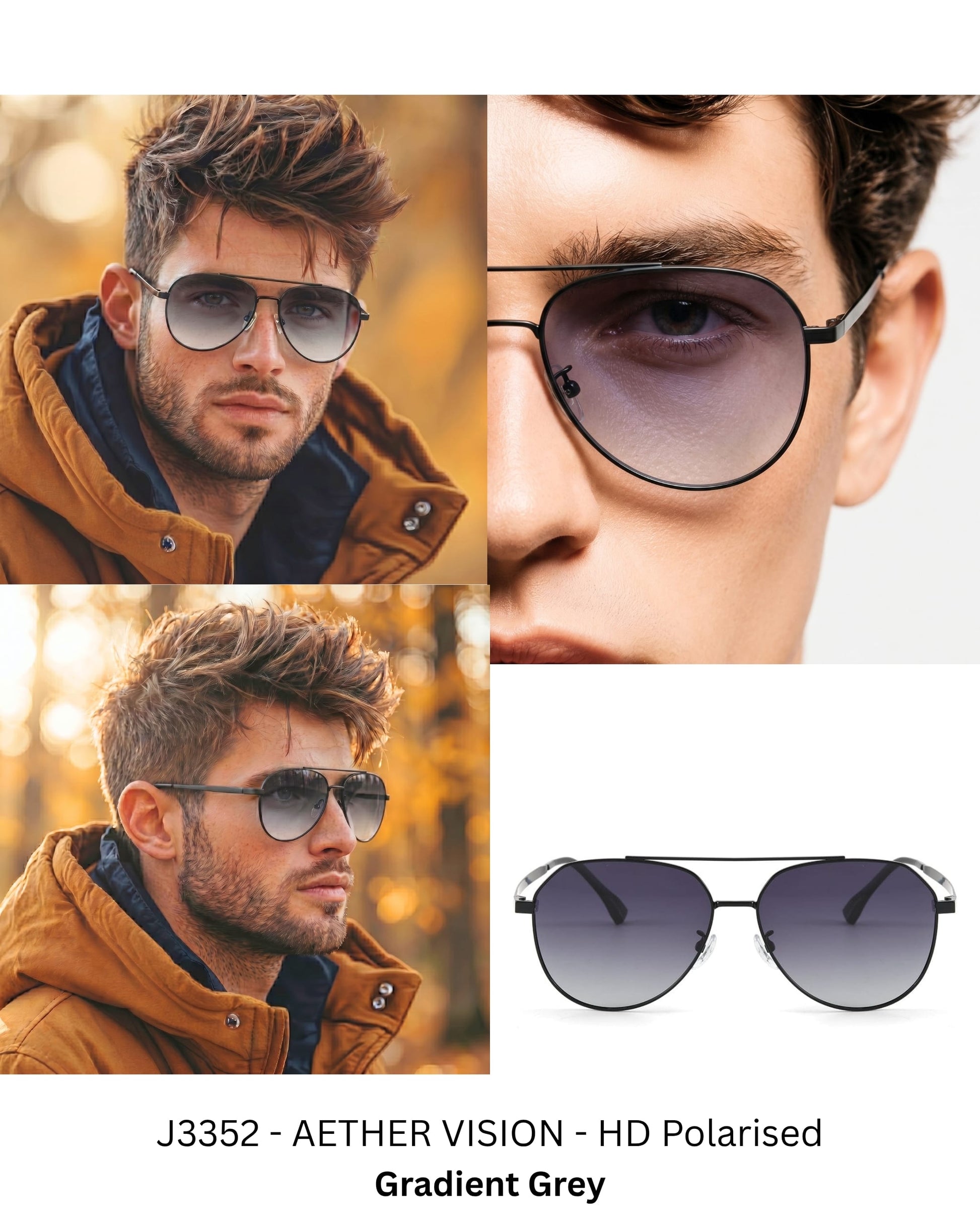 J3352 - AETHER VISION - HD Polarised Sunglasses for Men - UV400 Protection, Stainless Steel Frame - Black Frame with Gradient Grey Lens - THE MEN THING