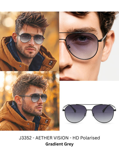 J3352 - AETHER VISION - HD Polarised Sunglasses for Men - UV400 Protection, Stainless Steel Frame - Black Frame with Gradient Grey Lens - THE MEN THING