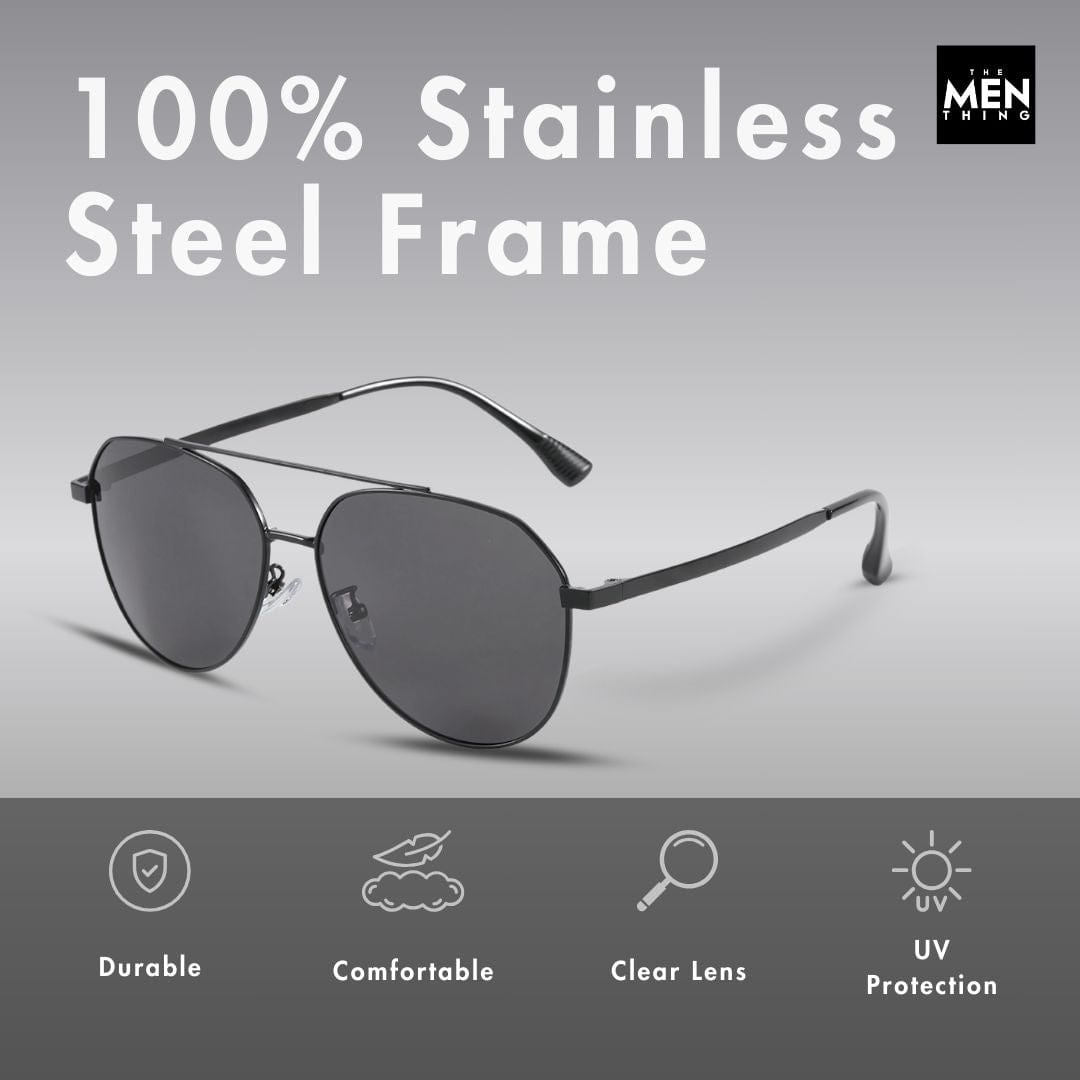 J3352 - AETHER VISION - HD Polarised Sunglasses for Men - UV400 Protection, Stainless Steel Frame - Black Frame with Black Lens - THE MEN THING