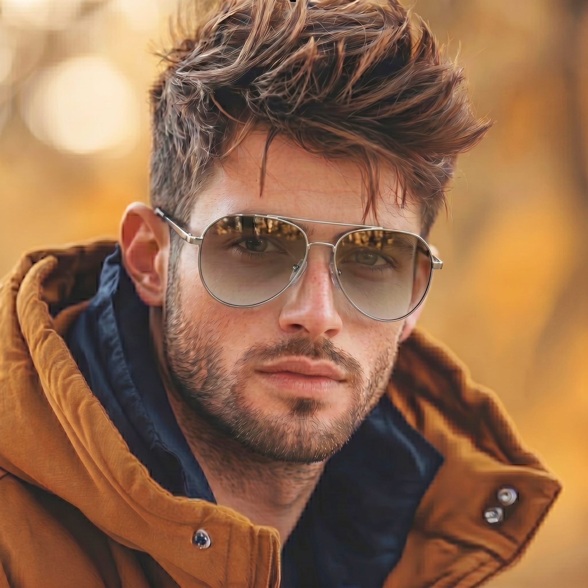 J3352 - AETHER VISION - HD Polarised Sunglasses for Men - UV400 Protection, Stainless Steel Frame - Gold Frame with Gradient Tea Lens - THE MEN THING