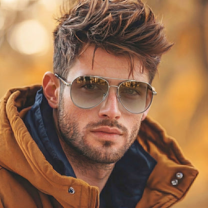 J3352 - AETHER VISION - HD Polarised Sunglasses for Men - UV400 Protection, Stainless Steel Frame - Gold Frame with Gradient Tea Lens - THE MEN THING