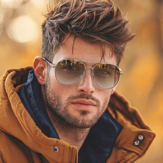 J3352 - AETHER VISION - HD Polarised Sunglasses for Men - UV400 Protection, Stainless Steel Frame - Gold Frame with Gradient Tea Lens - THE MEN THING