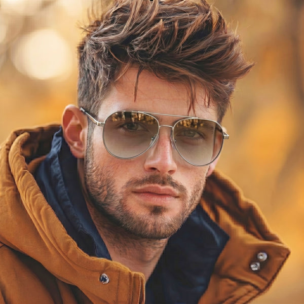 J3352 - AETHER VISION - HD Polarised Sunglasses for Men - UV400 Protection, Stainless Steel Frame - Gold Frame with Gradient Tea Lens