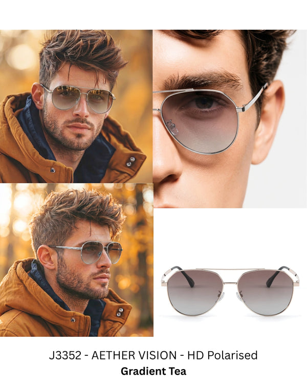 J3352 - AETHER VISION - HD Polarised Sunglasses for Men - UV400 Protection, Stainless Steel Frame - Gold Frame with Gradient Tea Lens