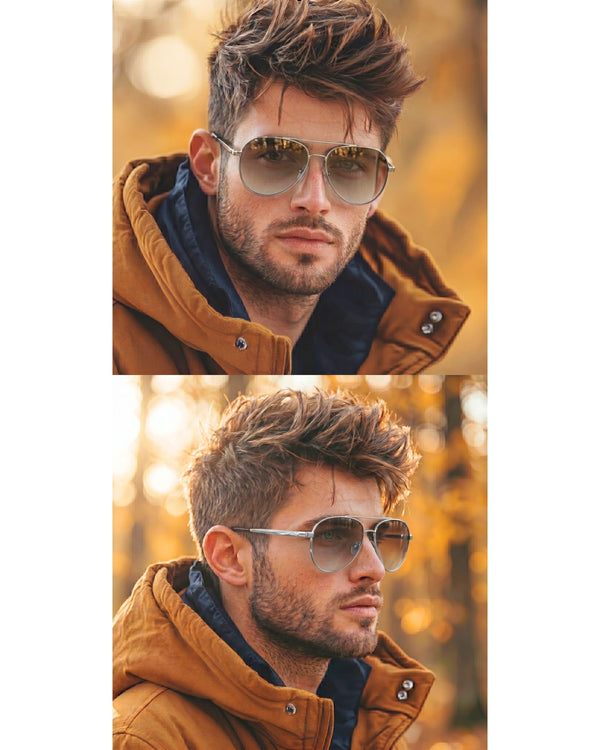 J3352 - AETHER VISION - HD Polarised Sunglasses for Men - UV400 Protection, Stainless Steel Frame - Gold Frame with Gradient Tea Lens