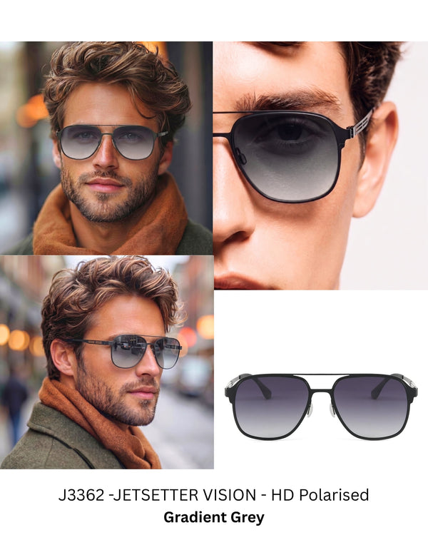 J3362 -JETSETTER VISION - HD Polarised Sunglasses for Men - UV400 Protection, Stainless Steel Frame - Black Frame with Gradient Grey Lens