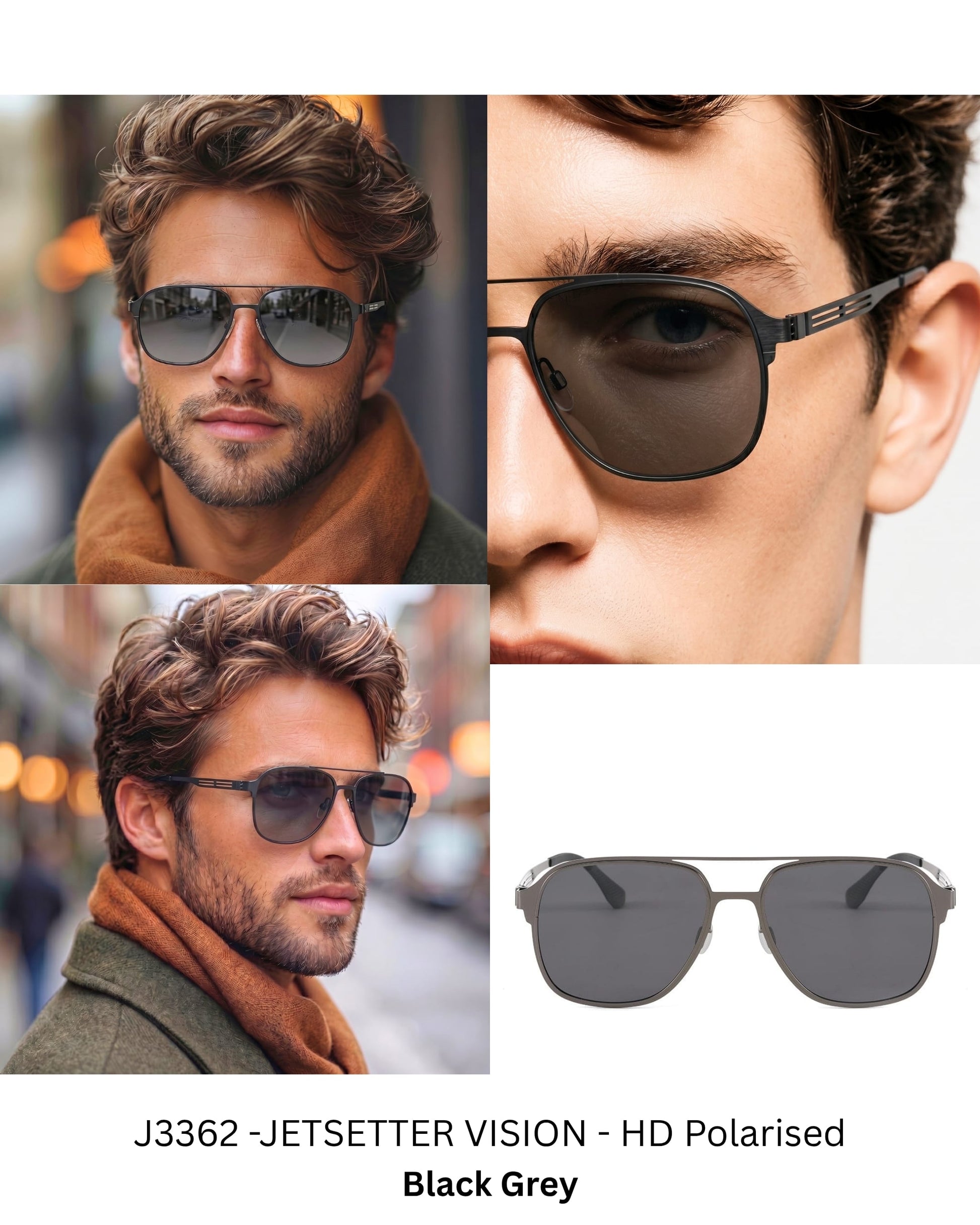 J3362 -JETSETTER VISION - HD Polarised Sunglasses for Men - UV400 Protection, Stainless Steel Frame - Gunmetal Frame with Black Grey Lens - THE MEN THING